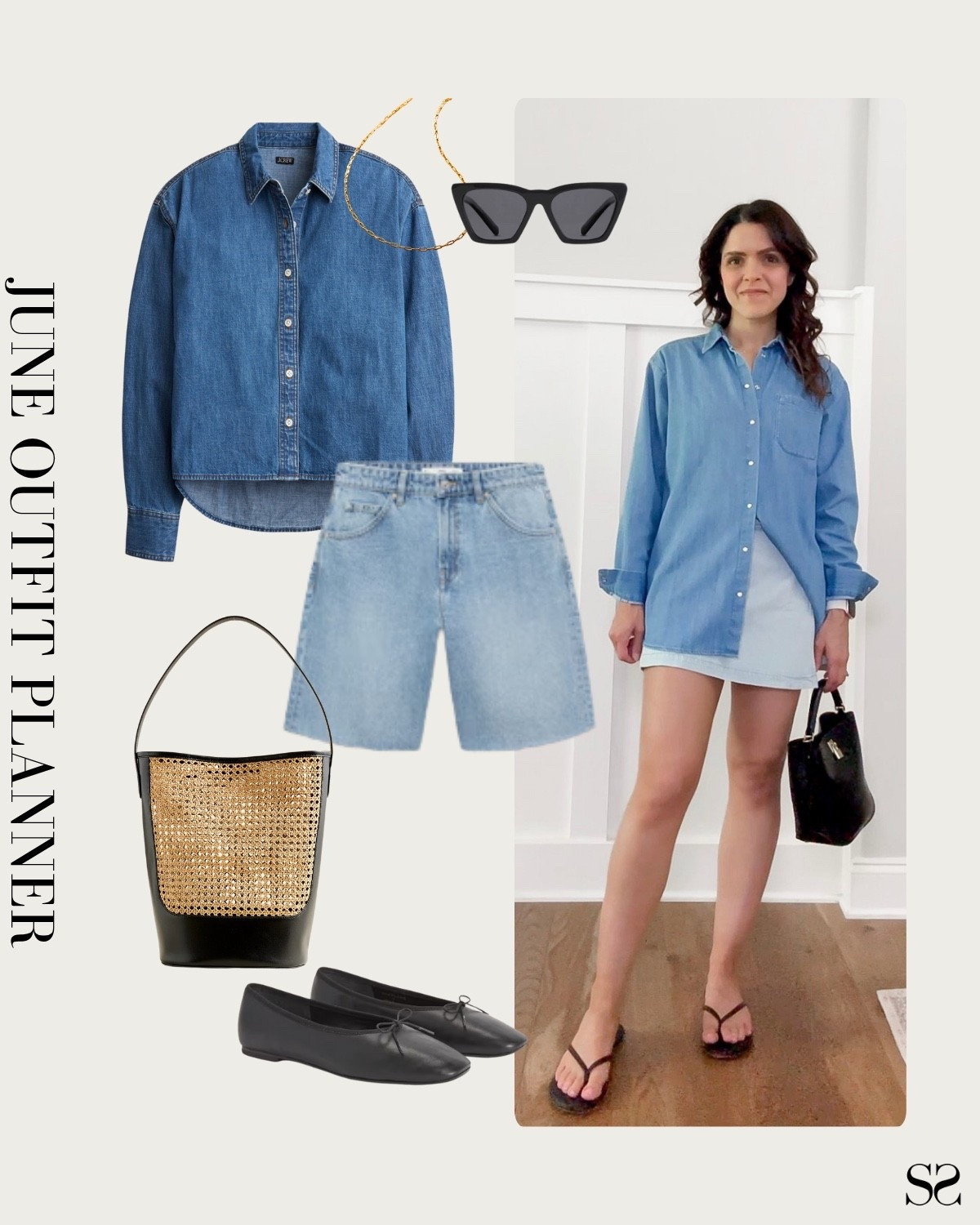 Monthly outfit planner JUNE: what I planned vs how it’s worn: Spring & Summer looks, saved + styled outfit inspo | denim shorts, chambray shirt, black ballet flats, straw tote bag

#springoutfit #summeroutfit #casualstyle #denimondenim

#LTKStyleTip