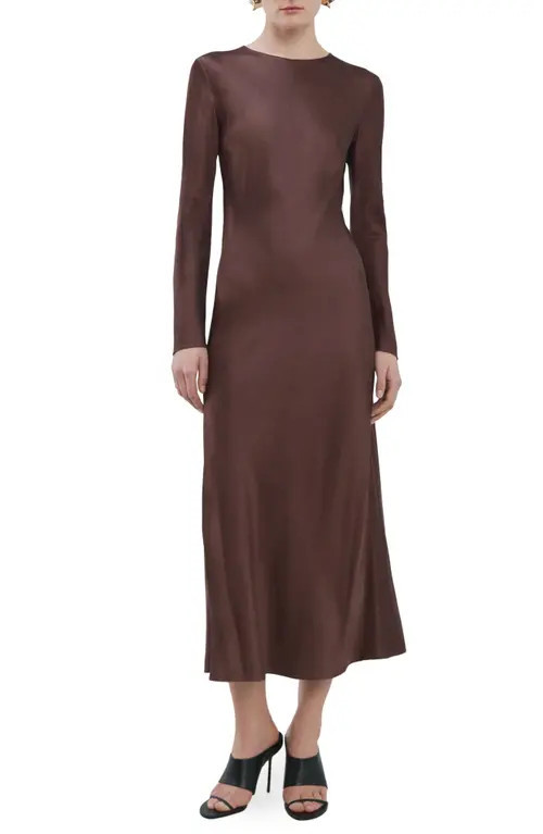 MANGO Long Sleeve Satin Midi Dress in Brown at Nordstrom, Size 10 | Nordstrom