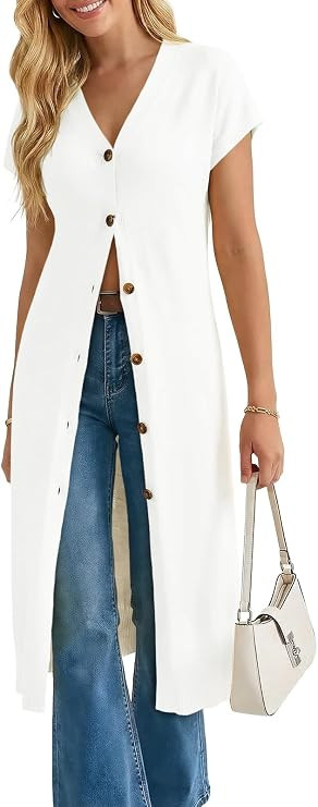 Saodimallsu Womens Long Cardigans Lightweight Short Sleeve Button V Neck Loose Knit Casual Summer... | Amazon (US)