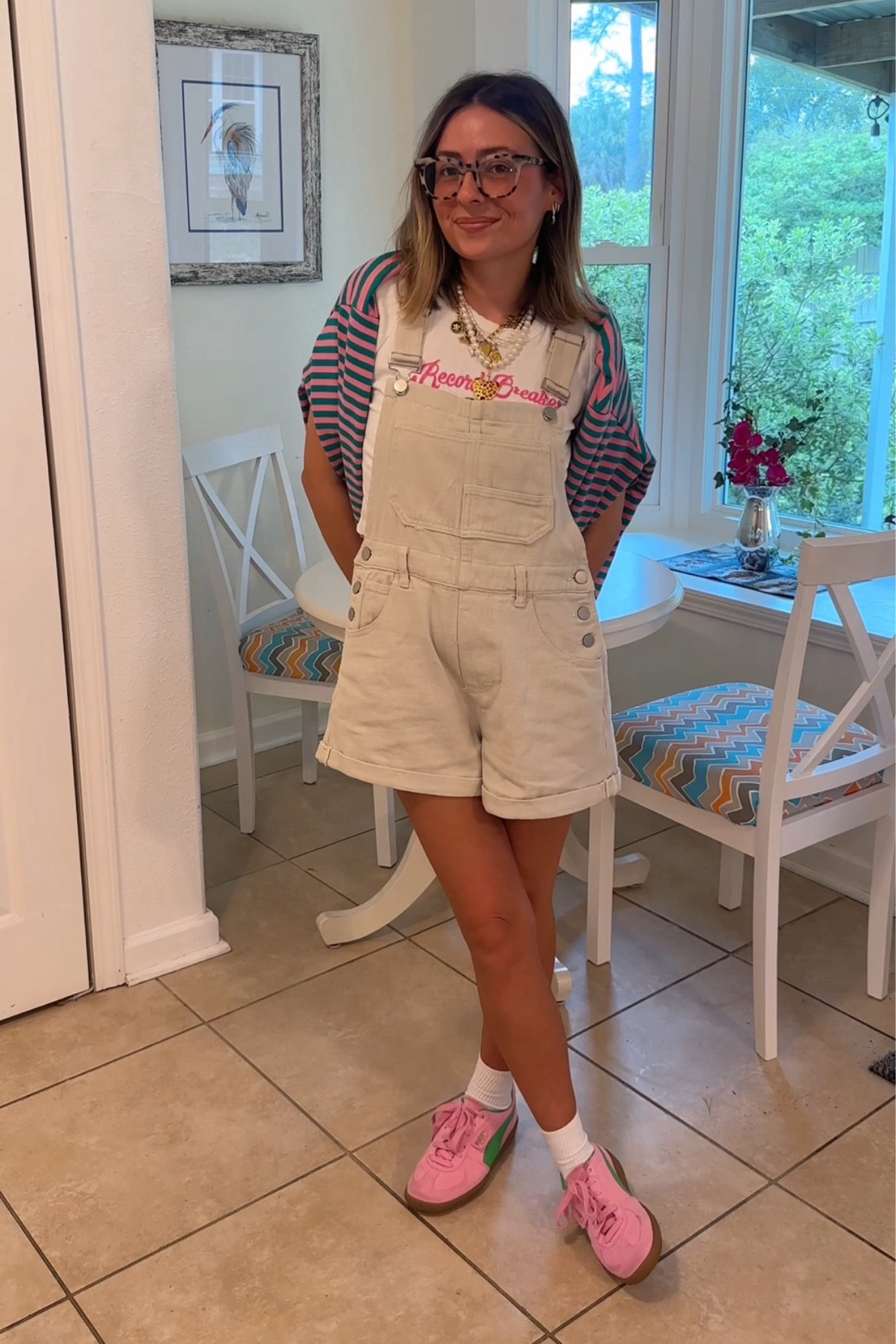 Small in the tee & overalls. Large in the pullover!