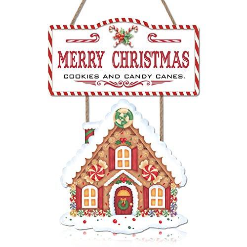 LHIUEM Merry Christmas Gingerbread House Decor for Christmas Wooden Sign Decorations (17x12inch) Xmas Candy Canes Wall Art,Winter Party Hanging Door Sign for Home Festival Porch Front Door Decor | Amazon (US)