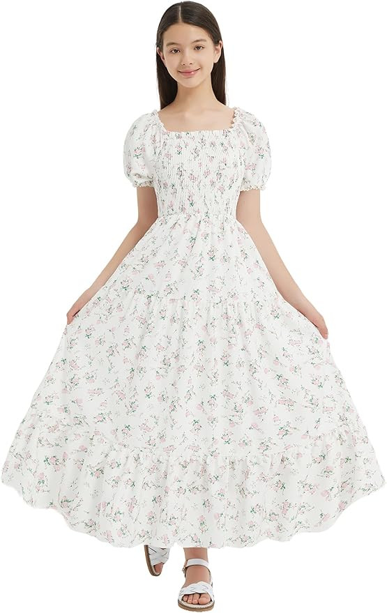 EXARUS Girls Smocked Dress Solid/Floral Teen Long Swiss Dots Maxi Tween Spring Casual A-line Flow... | Amazon (US)