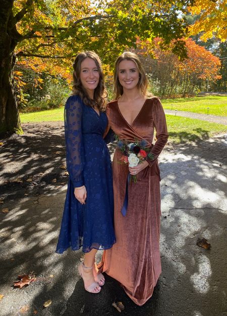 Color of my dress is “bronze” from Baltic born! Wearing a size medium. For the blue dress, size down.  Swapped into my bridal slides after wearing heels for ceremony #fallweddingguest #fallweddingdress

#LTKwedding #LTKSeasonal