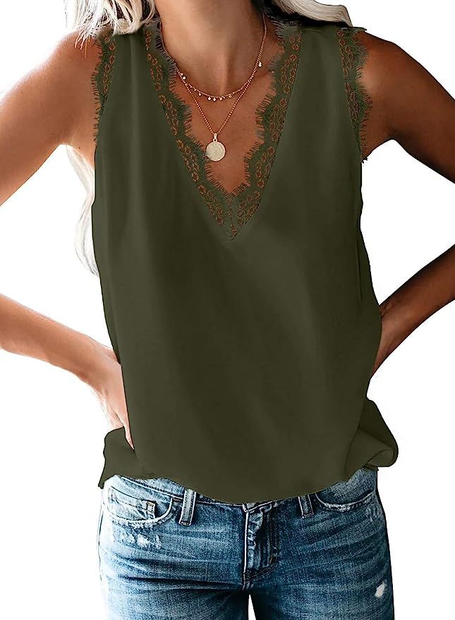 ROSKIKI Womens Summer Cami Shirts Sleeveless Eyelash Lace V Neck Tank Top Blouse Vest | Amazon (US)