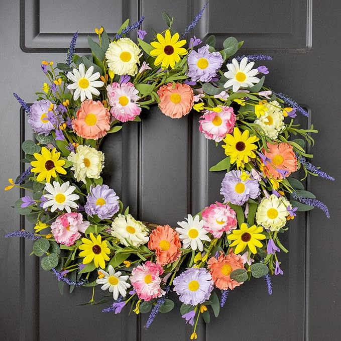 Spring Wreaths for Front Door 22 Inch Spring Wreath 6 Colors Summer Wreath with Lavender Daisy an... | Amazon (US)