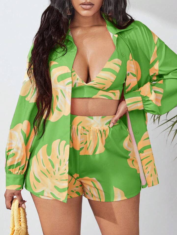 SHEIN SXY Tropical Print Drop Shoulder Blouse & Cami Top & Shorts | SHEIN