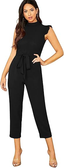 WDIRARA Women's Sleeveless Mock Neck Ruffle Trim Belted Cropped Jumpsuit Romper | Amazon (US)