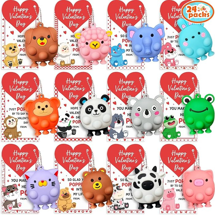 Valentines Gifts for Kids - 24 Pack 3D Animal Suction Toy Fidget Pop Toy with Gift Cards for Kid ... | Amazon (US)