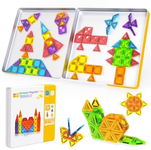 Mini Magnetic Tiles - 56 PCS Travel Magnetic Tiles with Tin, Micro Magnet Travel Toy for Kids Ages 3 4-8, STEM Educational Building Set Construction Toys, Boys Girls Toddlers Christmas Birthdays Gifts | Amazon (US)