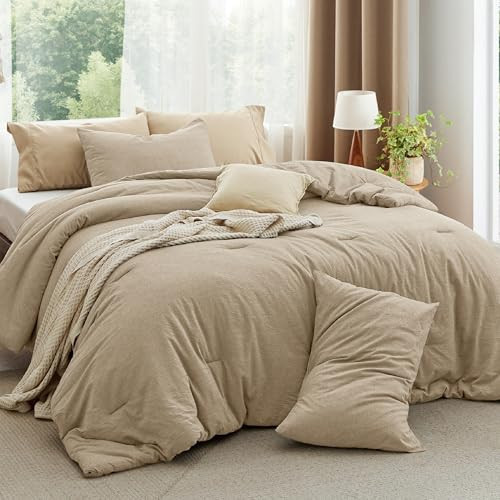 Bedsure Comforter Set Queen Size - Cotton Fabric with Microfiber Inner Fill, Khaki Soft Bed Set for All Seasons, 3 Pieces, 1 Comforter (90" x 90") and 2 Pillow Cases (20" x 26") | Amazon (US)