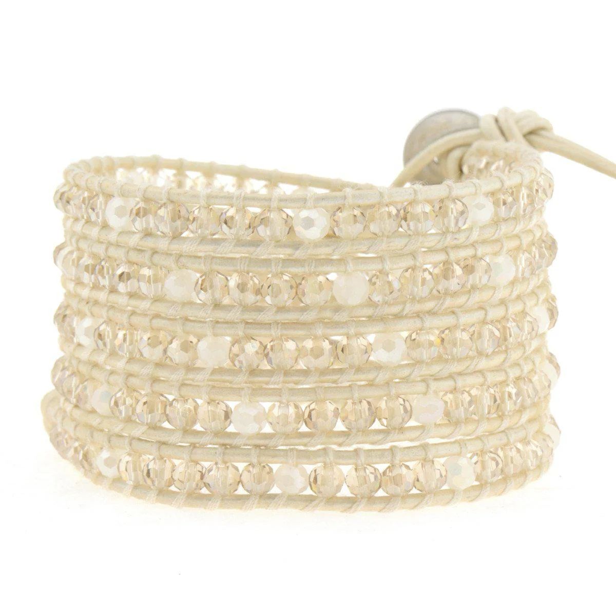 Crystal on White - Ivory Leather Victoria Emerson Bracelet Beaded Bracelet Stackable Bracelet Stack | Victoria Emerson