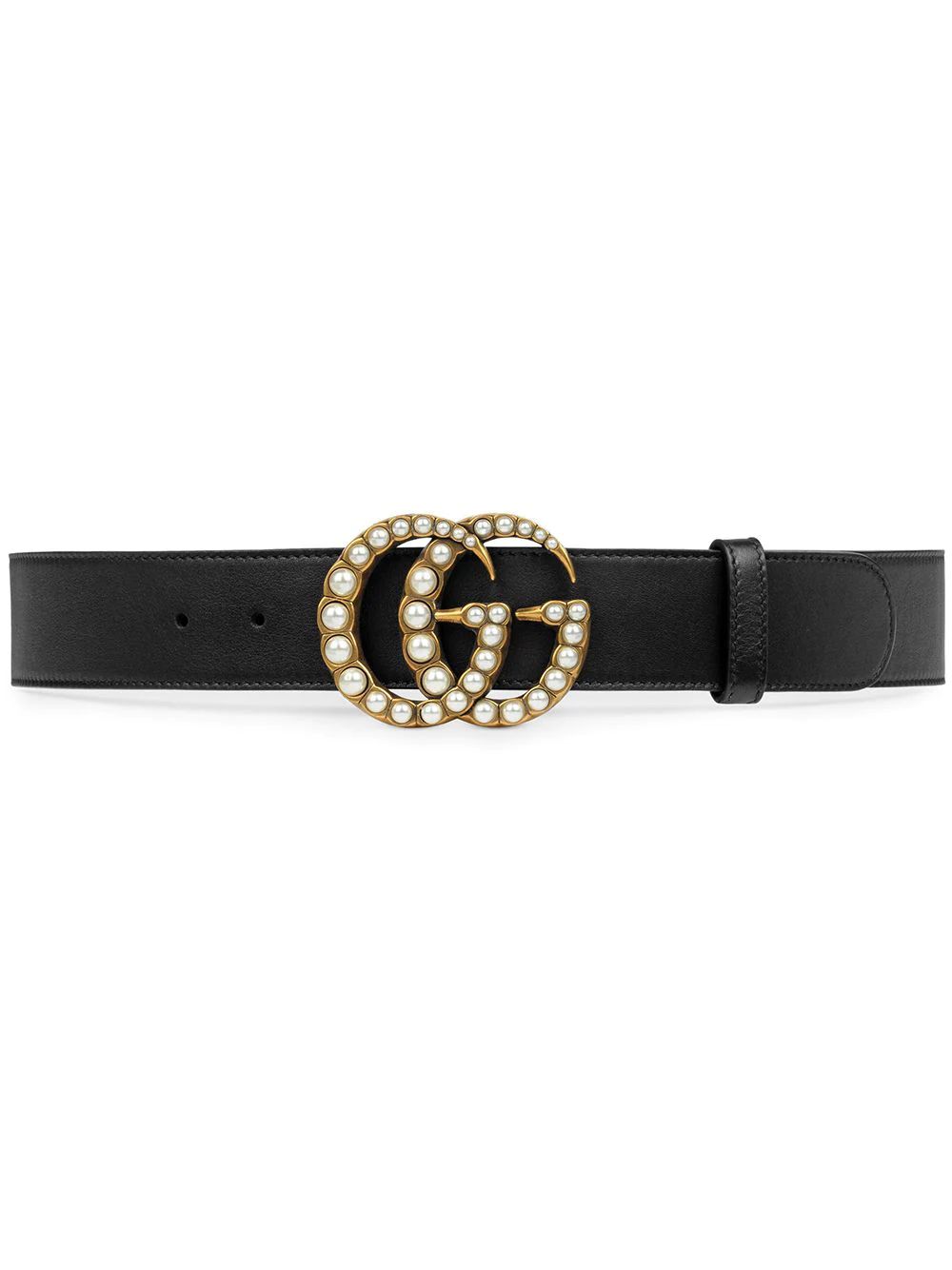 Gucci Leather belt with pearl Double G - Black | FarFetch US