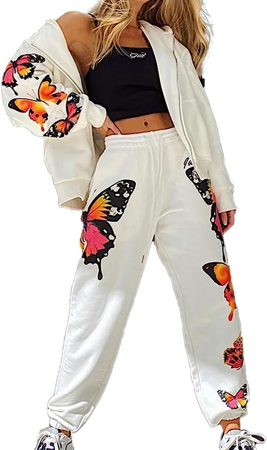 XIAXAIXU Women 2 Pieces Butterfly Printed Tracksuit Zipper Up Hoodies and Sweatpants Sportswear | Amazon (US)