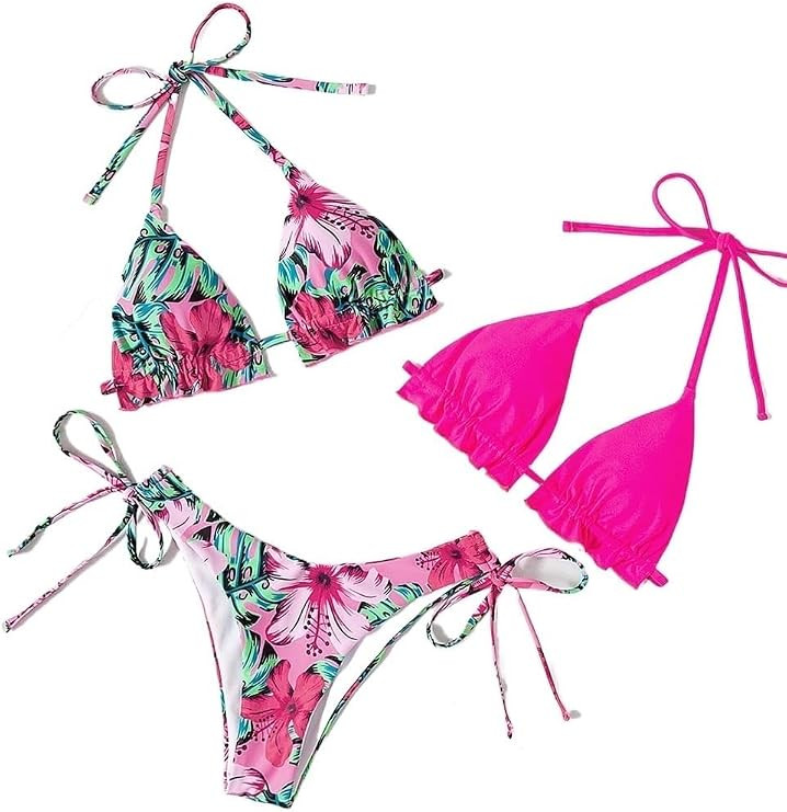 Bathing Suit for Women 3pack Print Frill Trim Halter Bikini Swimsuit Swimsuit Suits | Amazon (US)