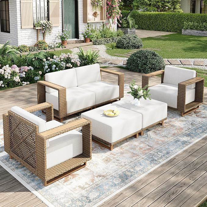 Outdoor Patio Furniture Set, 6 Piece Outdoor Rattan Wicker Couch Set, Conversation Sets with 2 Si... | Amazon (US)