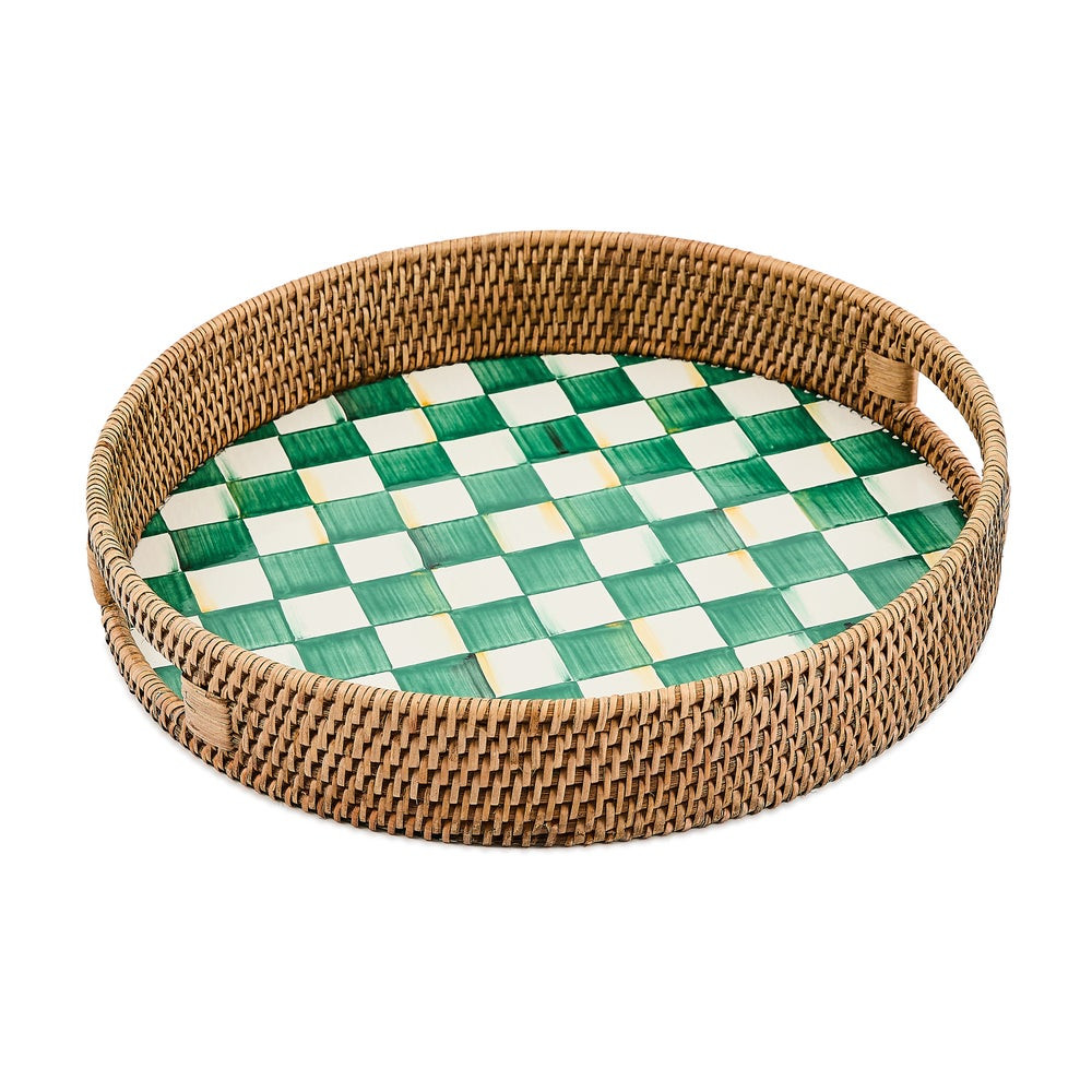 Emerald Check Enamel & Rattan Round Serving Tray | MacKenzie-Childs