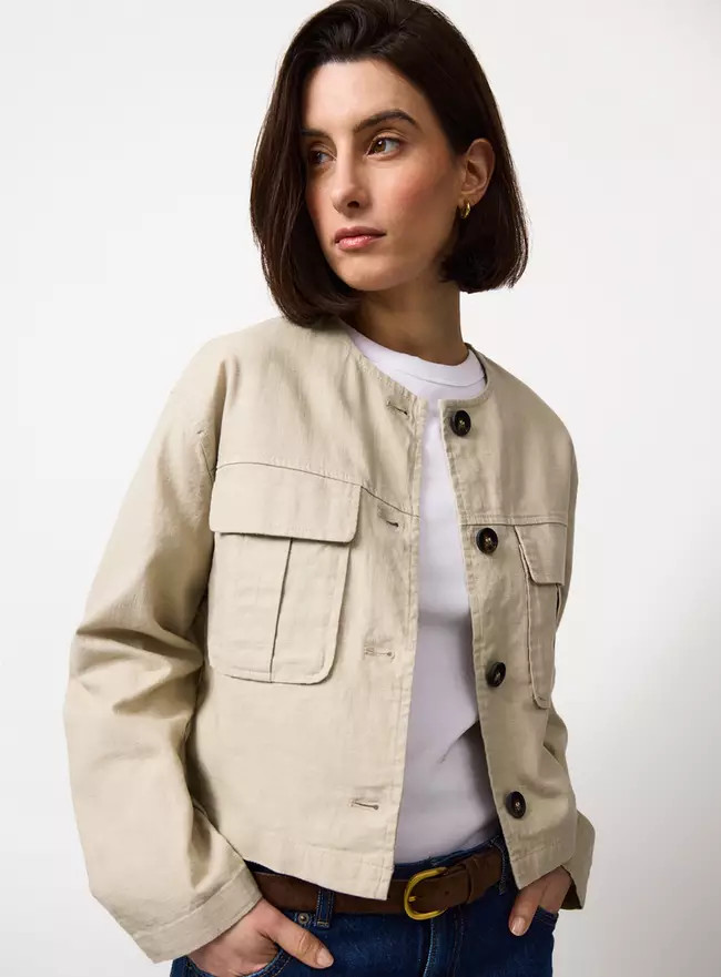 Buy Brown Cropped Linen Blend Shacket 12 | Coats | Tu | Tu Clothing