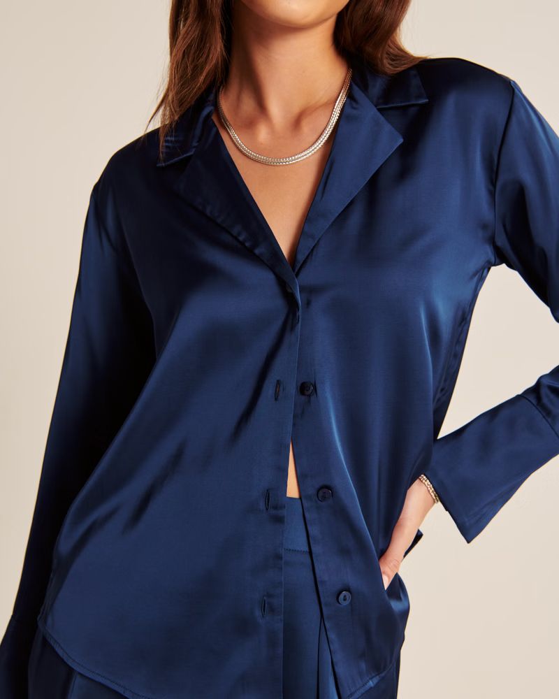 Women's Long-Sleeve Satin Lapel Button-Up Shirt | Women's | Abercrombie.com | Abercrombie & Fitch (US)