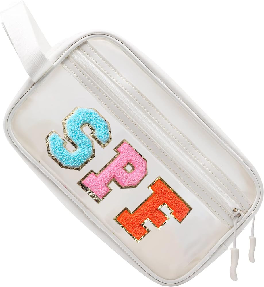 Clear SPF Makeup Bag Sunscreen Cosmetic SUN Zipper Pouch with Preppy Chenille Letter Patch, Small... | Amazon (US)
