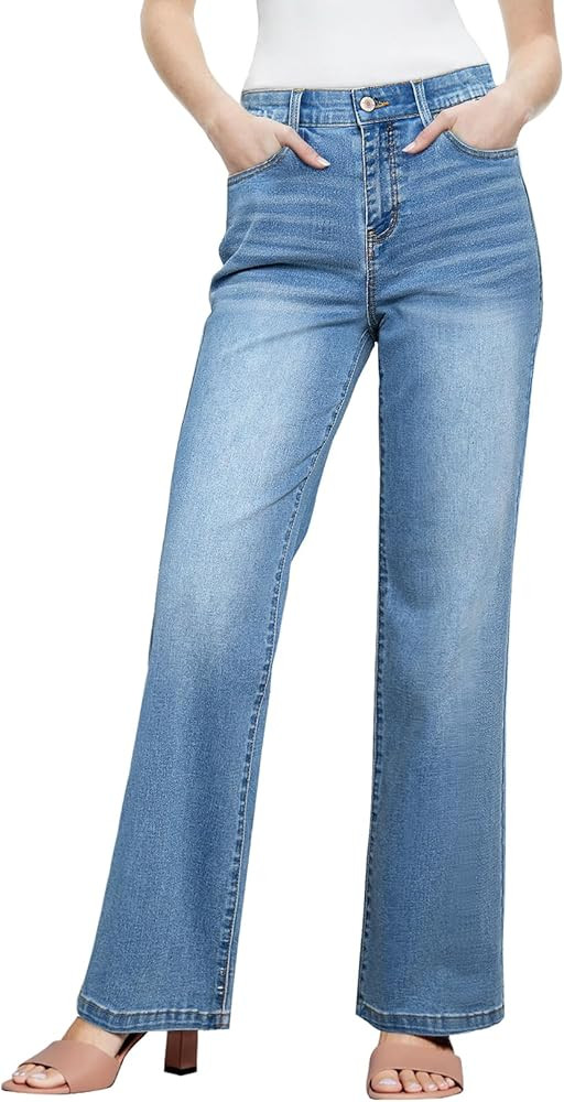 Sidefeel Women's Wide Leg Jeans High Waisted Tummy Control Stretchy Straight Leg Elastic Waist Tr... | Amazon (US)