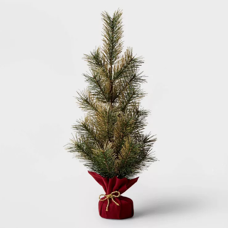 18" Unlit Mini Artificial Christmas Tree with Gold Glitter Tips and Velvet Wrapped Base - Wonders... | Target