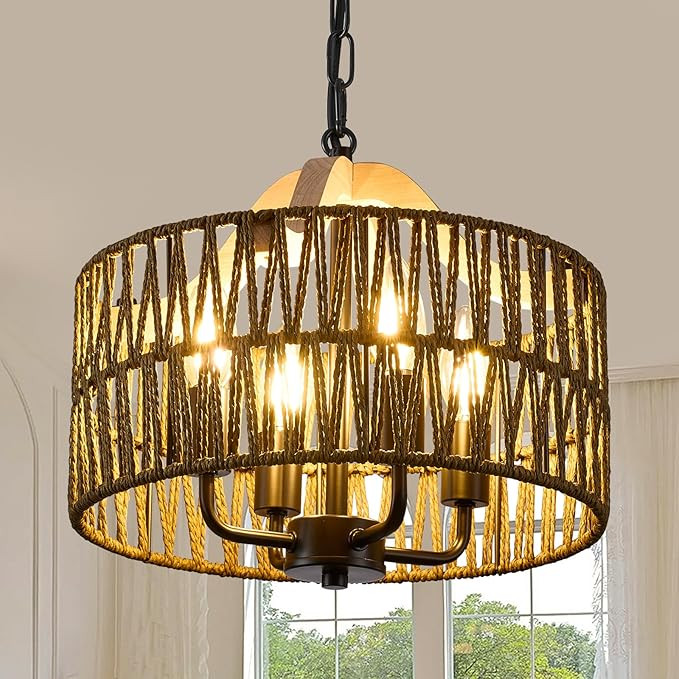 Antique Dining Room Light Fixture, 4-Light Rattan Pendant Light with Drum Shade, Adjustable Woven... | Amazon (US)