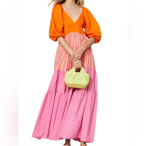 Staud Runway Meadow Colorblock Puff Sleeve V-Neck Empire Tiered Maxi Tent Dress | Poshmark