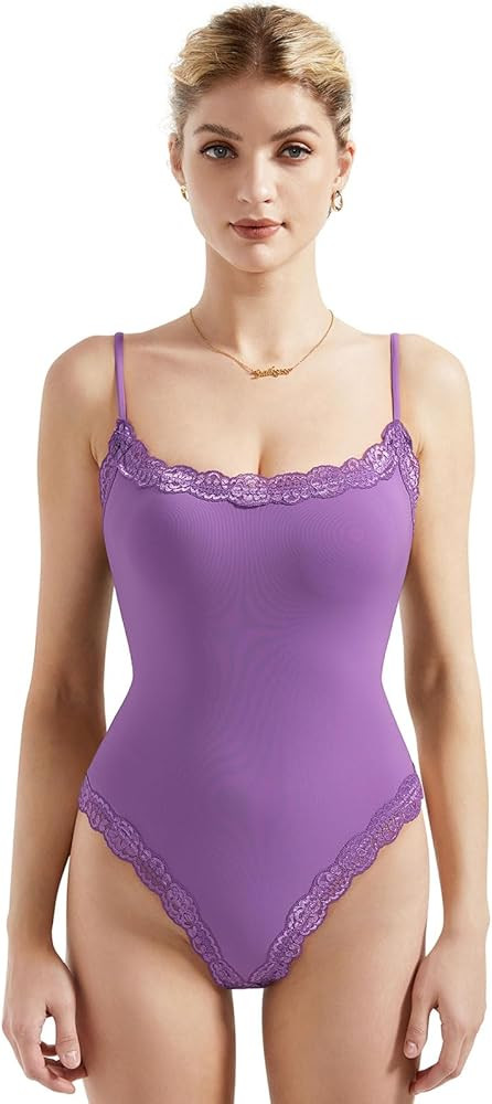 SUUKSESS Women Square Neck Lace Bodysuit Sleeveless Spaghetti Strap Tank Top | Amazon (US)