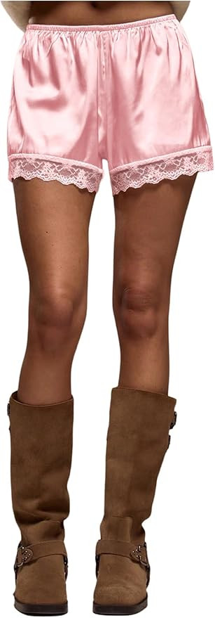 Women's Lace Trim Satin Shorts Shiny Elastic Waist Mini Shorts French Knickers | Amazon (US)