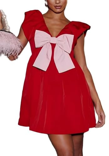 LILTWIST Womens Christmas Bow Babydoll Dress Cute V Neck Short Puff Sleeves Mini Dress Casual Bow... | Amazon (US)