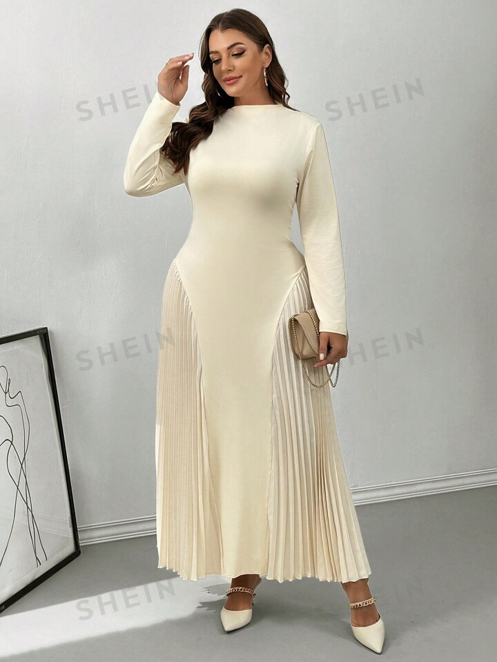 SHEIN Privé Plus Size Elegant Round Neck A-Line Pleated Long Sleeve Dress In Apricot Color, Spri... | SHEIN
