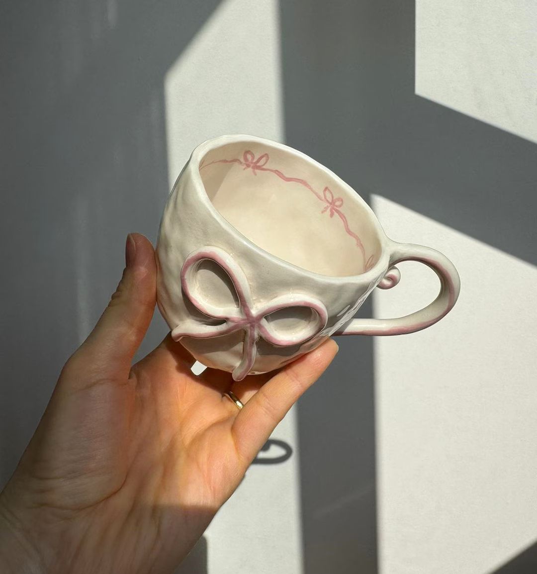 Handmade Ceramic Pink Bow Mug, Pink Bow Ribbon Coffee Cup, Ceramic Ribbon Bow Mug, Handmade Ceram... | Etsy (US)