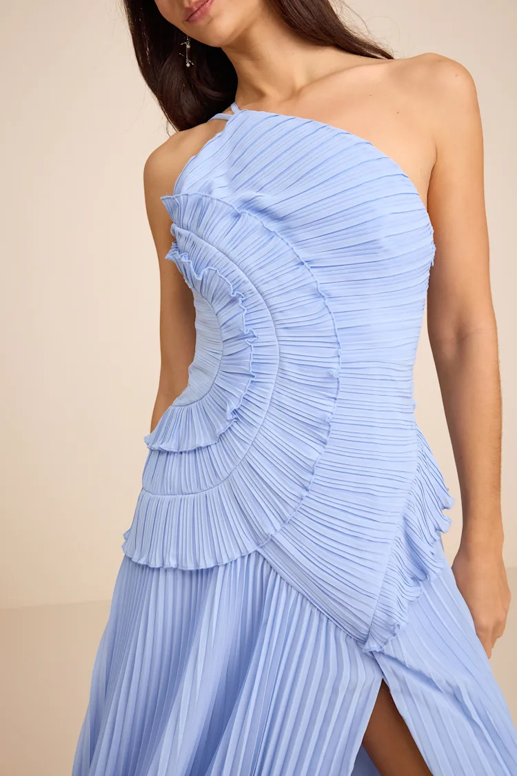 Magdalene Powder Blue Pleated Asymmetrical Maxi Dress | Lulus