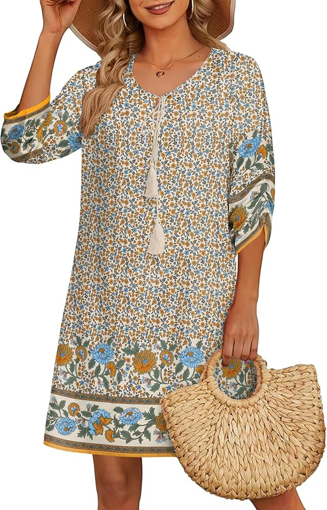 HOTOUCH Women Casual Beach Summer Dress Boho Tassel Tie Neck 3/4 Long Sleeve Short Floral Print F... | Amazon (US)