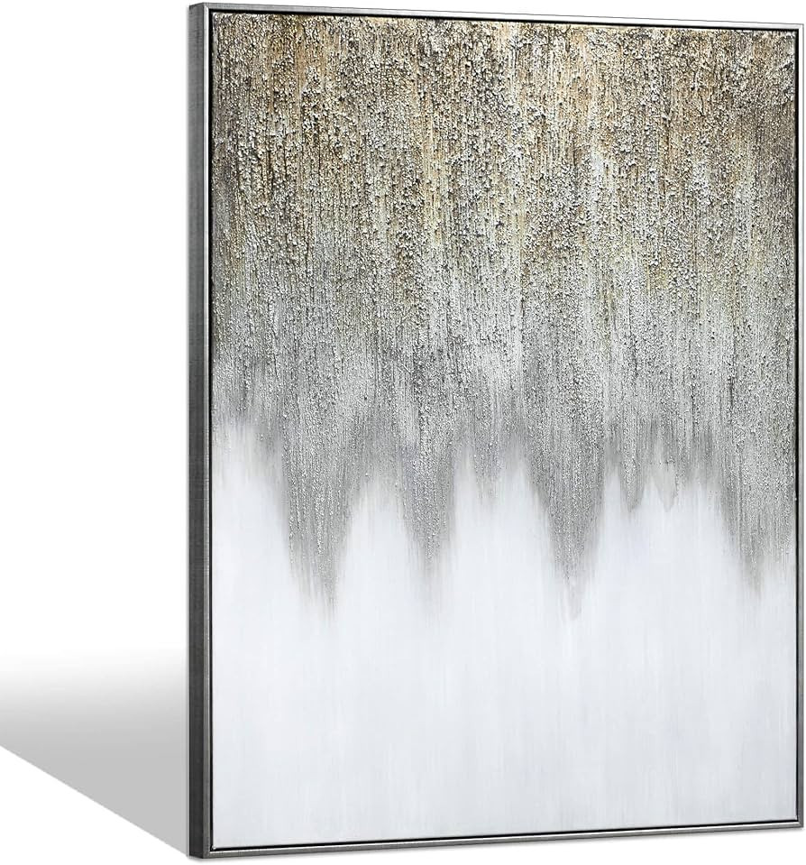 Framed Abstract Textured Oil Painting Canvas Wall Art: White Grey Gold Picture Artwork Extra Larg... | Amazon (US)