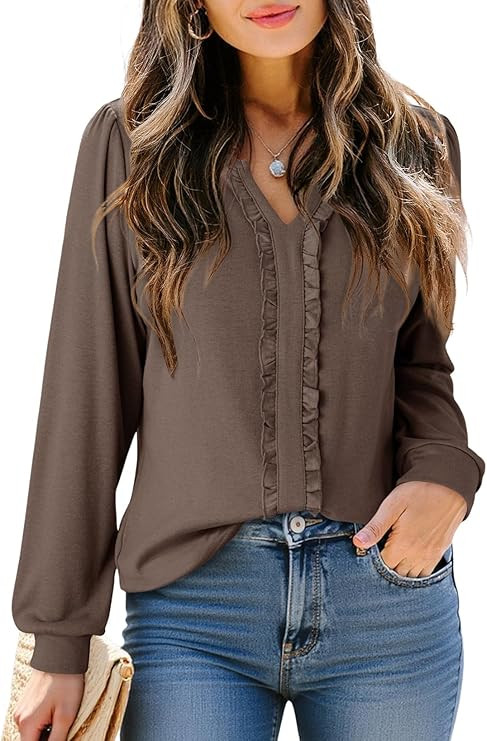 Dokotoo Women's V Neck Ruffle Blouses Long Sleeve Casual Work Tops Loose Fit Pullover Shirts | Amazon (US)