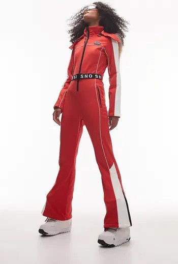 Topshop Hooded Belted Flare Leg Ski Suit with Faux Fur Trim | Nordstrom | Nordstrom