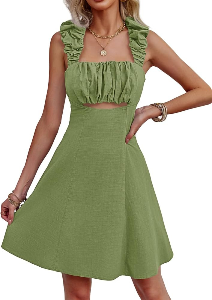 Fisoew Womens Summer Sleeveless Mini Dress Backless Square Neck Self Tie Cutout A Line Beach Dres... | Amazon (US)