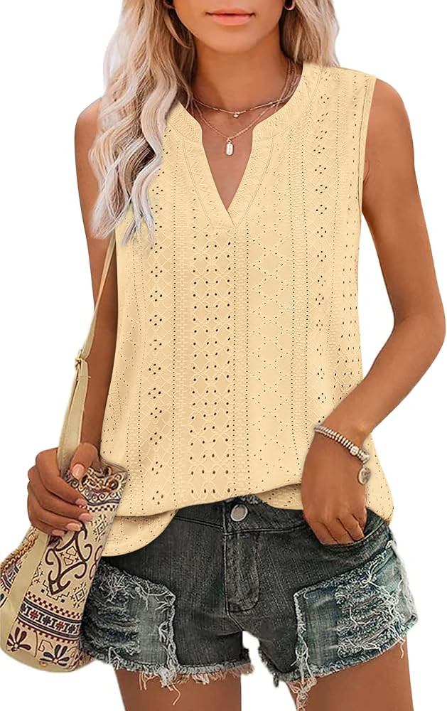Zwurew Tank Top for Women Loose Fit Sleeveless V Neck Camisole Tops Dressy Casual Eyelet Summer F... | Amazon (US)