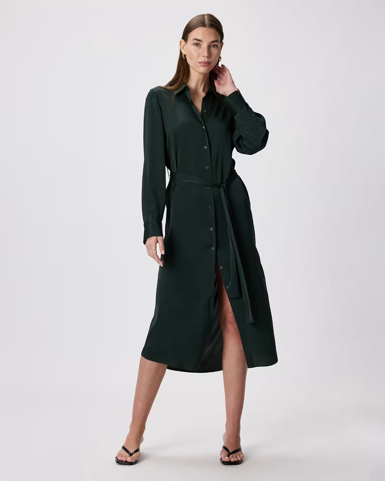 Washable Stretch Silk Maxi Shirt Dress in Forest Green | Quince