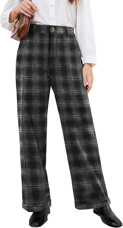 Women Plaid Dress Pants High Waisted Wide Leg Pants Fleece Pants for Women Stretchy Fall Trousers | Amazon (US)