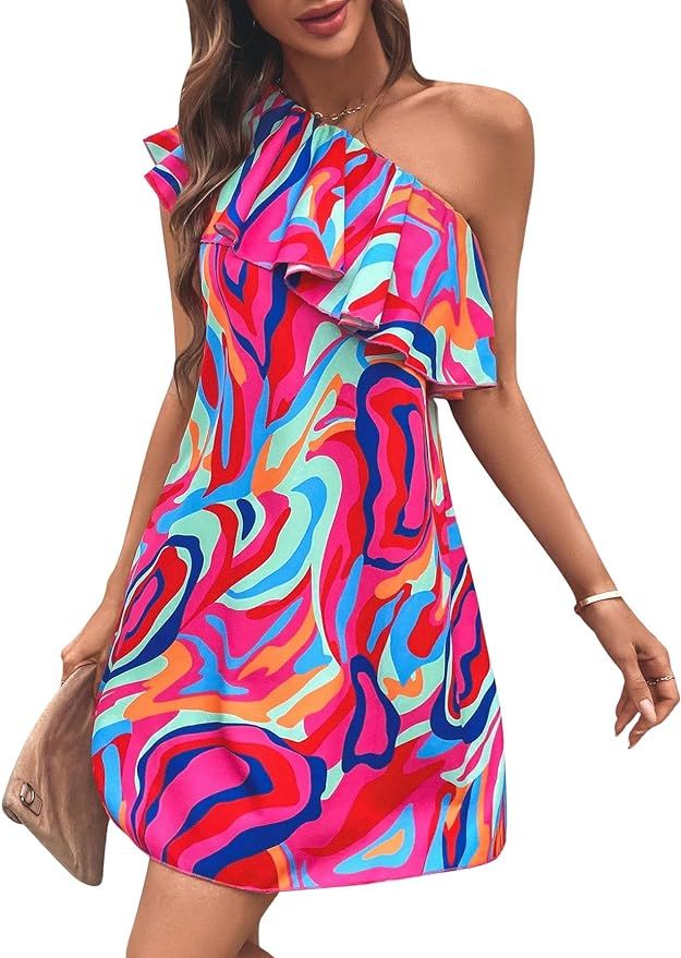 Floerns Women's One Shoulder Tiered Layered Sleeveless Ruffle Trim Tunic Dress | Amazon (US)