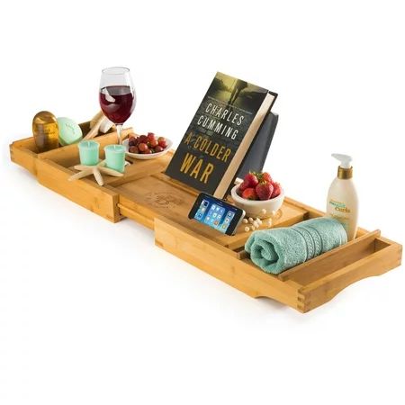 Luxury Bamboo Bathtub Caddy Tray, Expandable Sides Bath Caddy Tray (Book, Wine, Glass, Cell Phone Ho | Walmart (US)