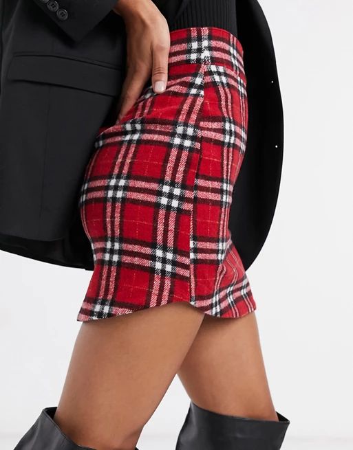 ASOS DESIGN curved hem mini skirt in brushed red plaid | ASOS (Global)