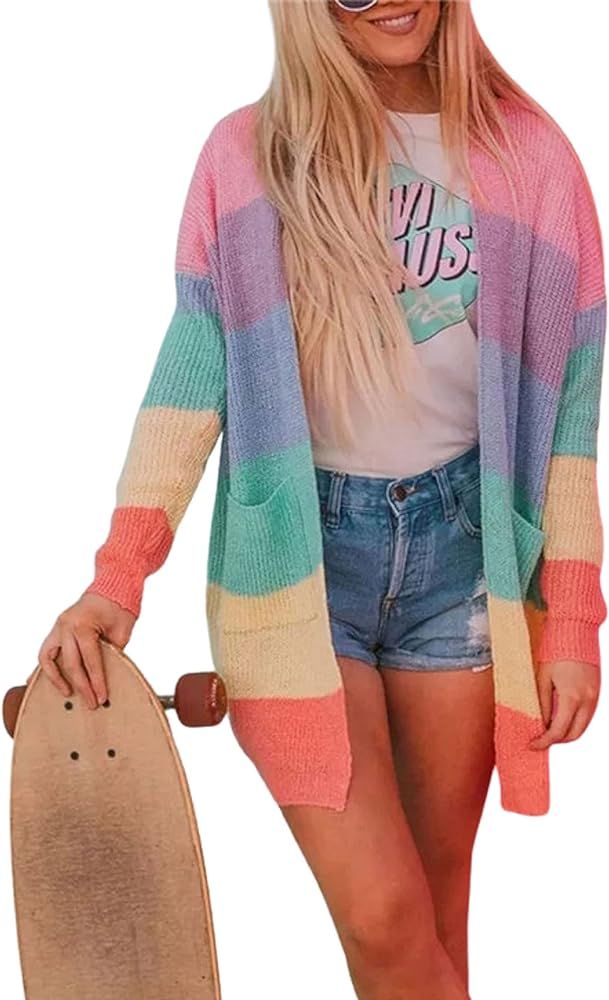 Hooever Women's Long Cardigan Color Block Stripe Kimono Knit Sweater Rainbow Cardigan | Amazon (US)