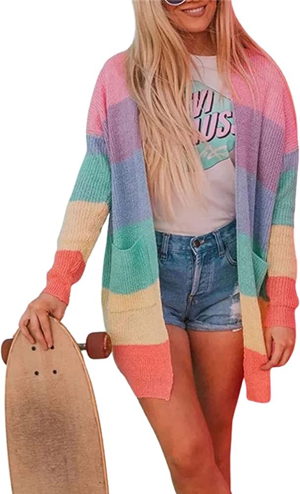 Hooever Women's Long Cardigan Color Block Stripe Kimono Knit Sweater Rainbow Cardigan | Amazon (US)