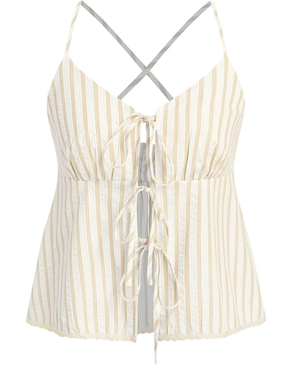 CIDER Womens Tie Front Tops Cotton Blend Going Out Striped Sleeveless V Neck Vacation Beach Tank ... | Amazon (US)