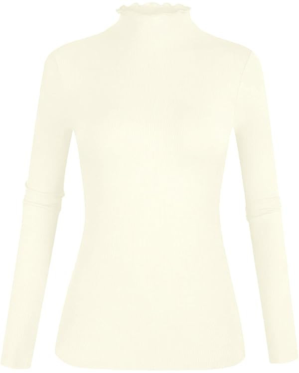 POPZONE Women's Lettuce Trim Mock Neck Long Sleeve Slim Fit Ribbed Knit Tee Shirt Tops | Amazon (US)