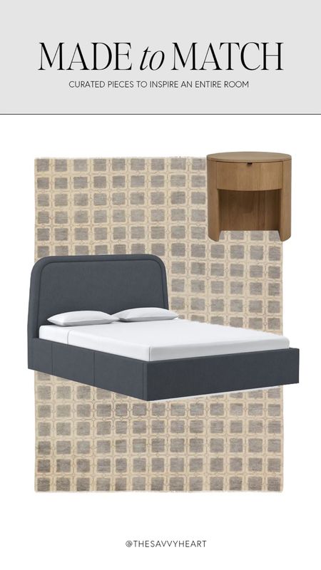 Androgynous vibe bedroom with checkered rug, dusty blue upholstered bed and round wood nightstands 