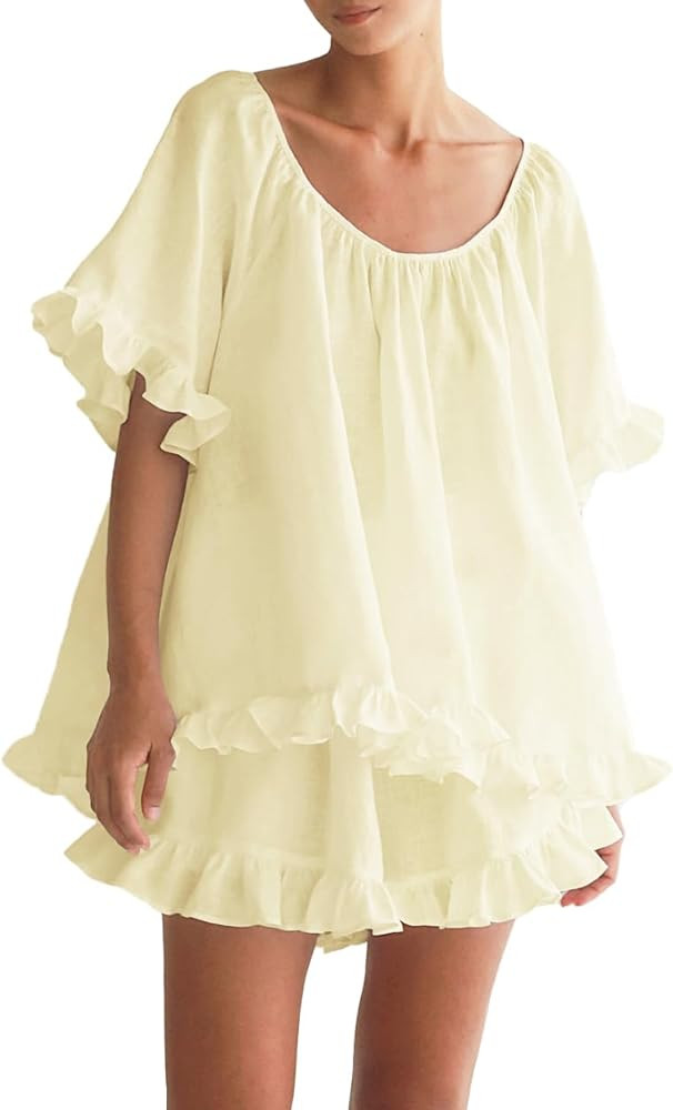 Women Summer 2 Piece Set Fashion Short Sleeve Ruffle Trim Top and Shorts Set Cotton Pajama Sets | Amazon (US)